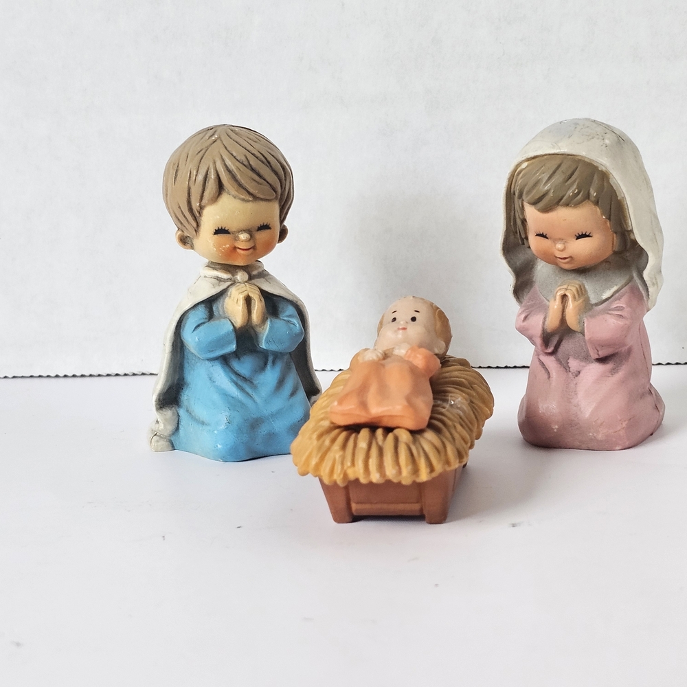 Nativity Figurine Set with Blue and Pink Robes Made In Hong Kong Vintage